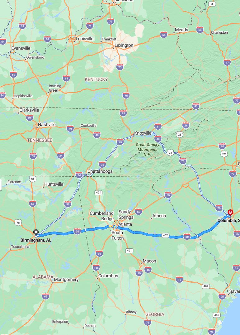 driving from Birmingham, Alabama to ColumbiaSouth Carolina - map and route