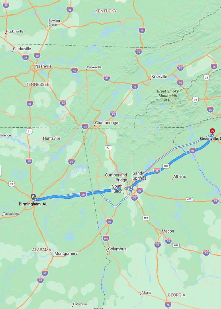 driving from Birmingham, Alabama to GreenvilleSouth Carolina - map and route