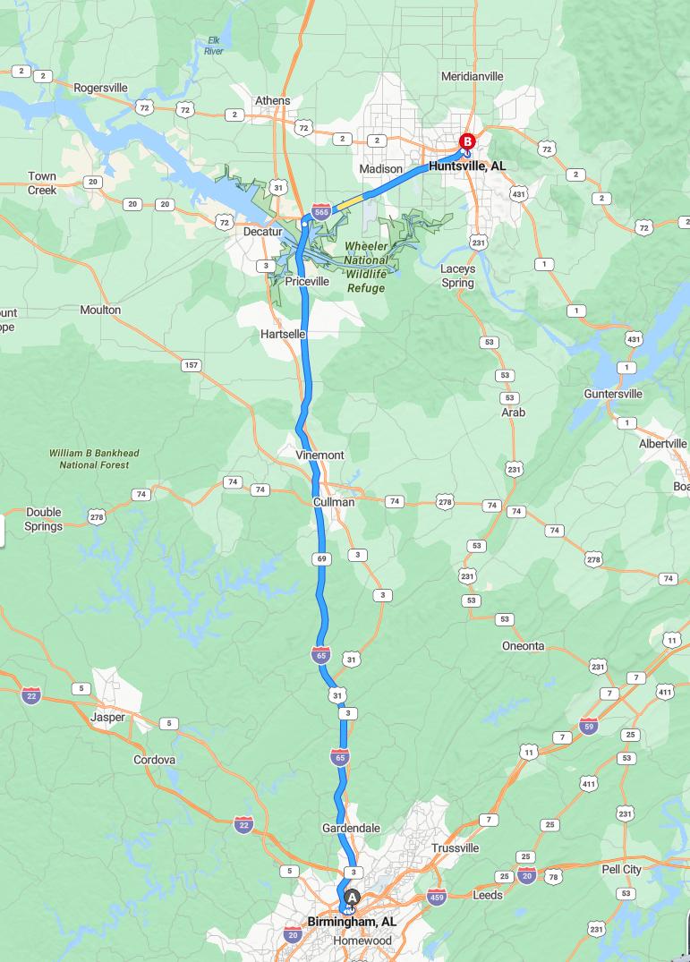 driving from Birmingham, Alabama to HuntsvilleAlabama - map and route