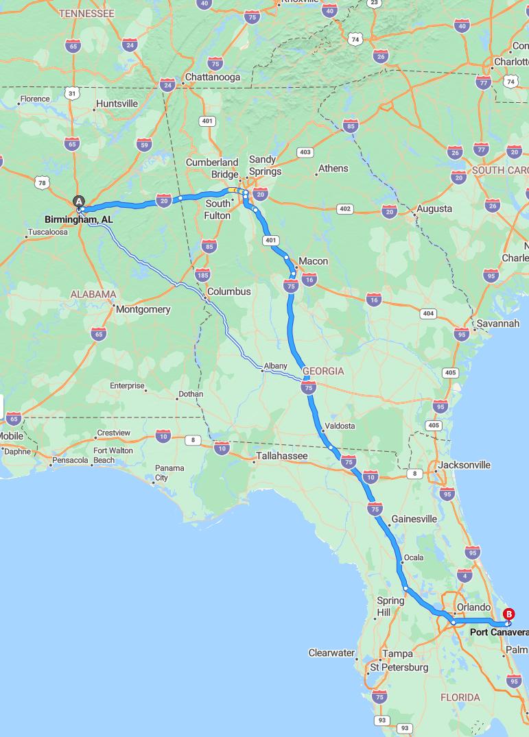 driving from Birmingham, Alabama to Port CanaveralFlorida - map and route