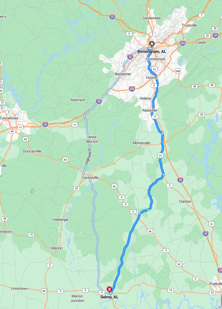 driving from Birmingham, Alabama to SelmaAlabama - map and route