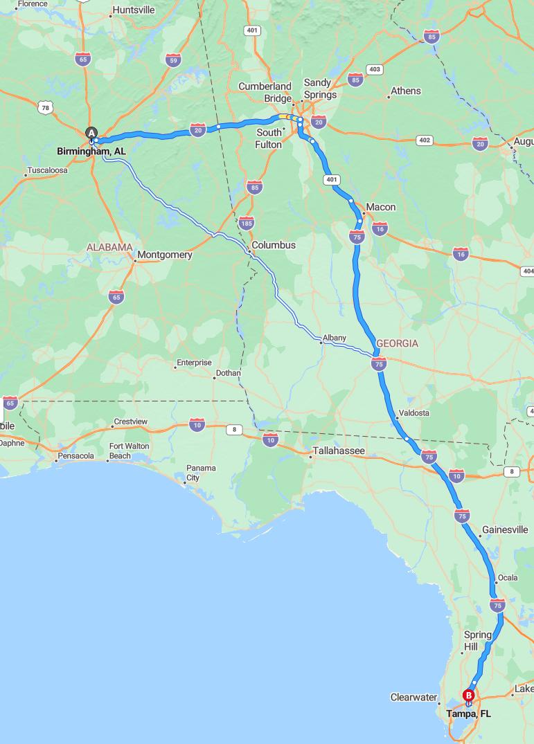 driving from Birmingham, Alabama to TampaFlorida - map and route