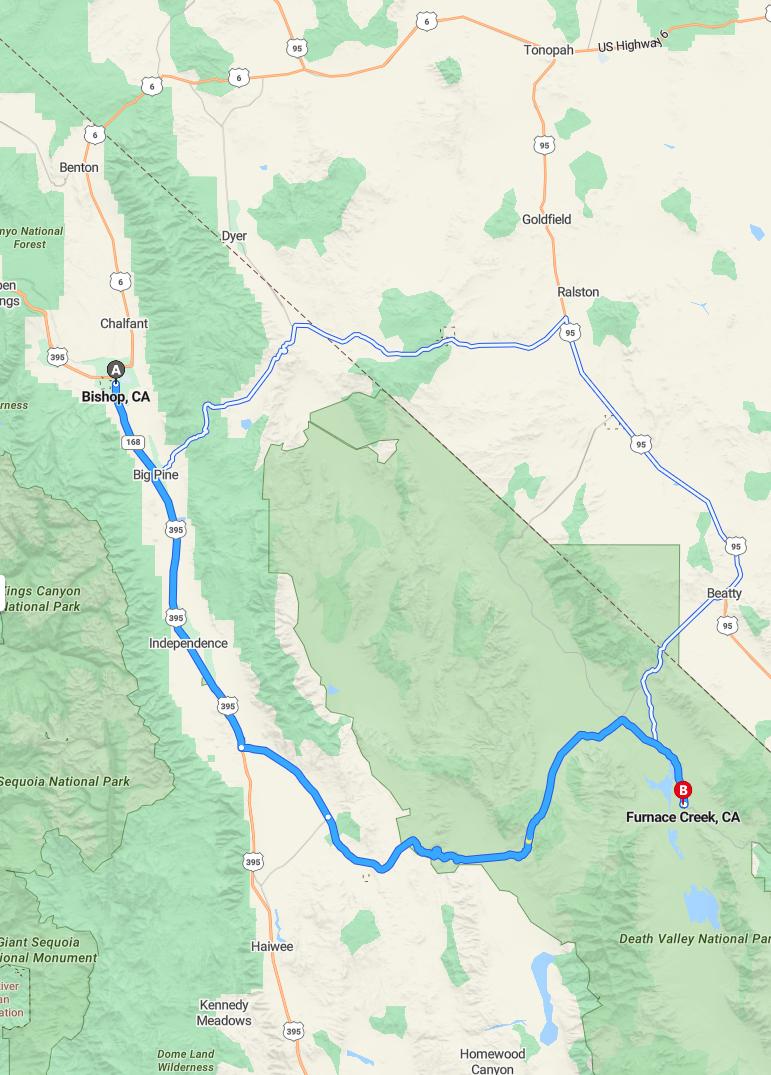 driving from Bishop, California to Furnace Creek RanchCalifornia - map and route