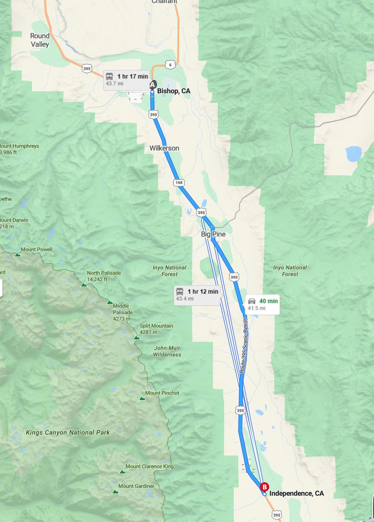 driving from Bishop, California to IndependenceCalifornia - map and route
