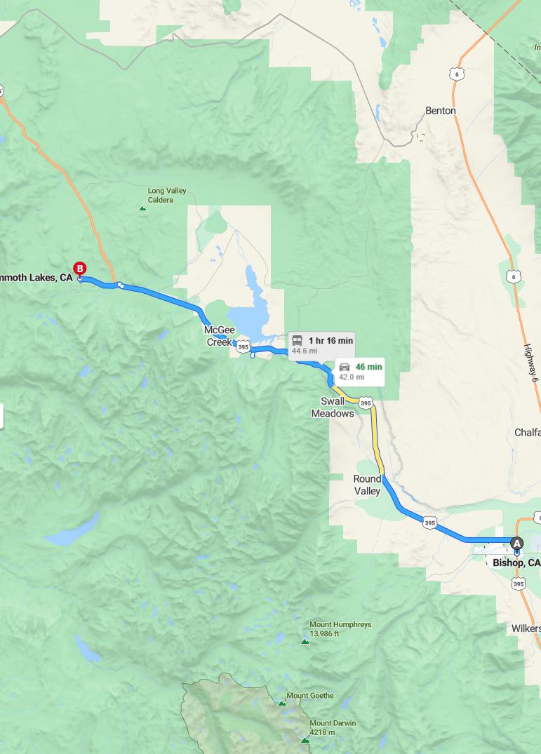 driving from Bishop, California to Mammoth LakesCalifornia - map and route