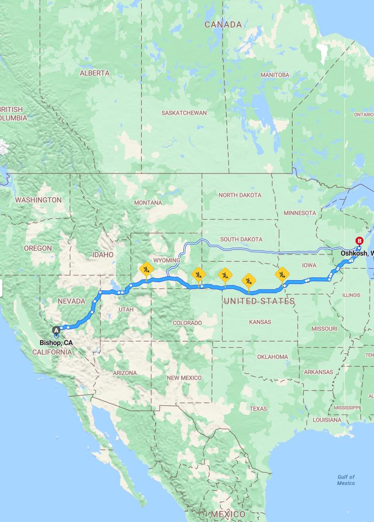 driving from Bishop, California to OshkoshWisconsin - map and route