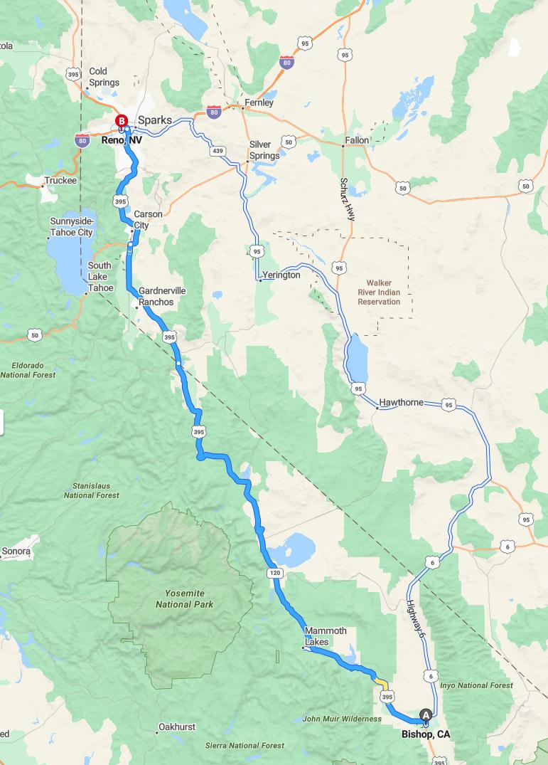 driving from Bishop, California to RenoNevada - map and route