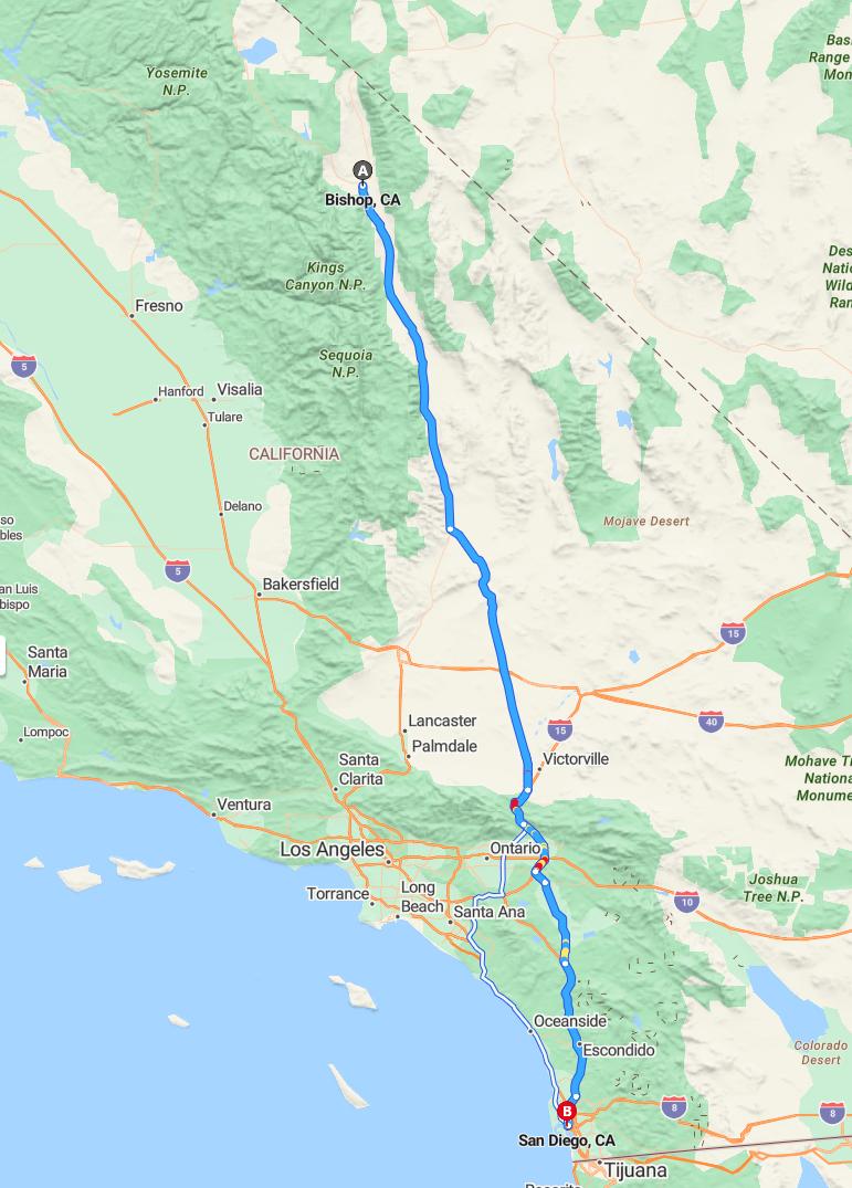 driving from Bishop, California to San DiegoCalifornia - map and route