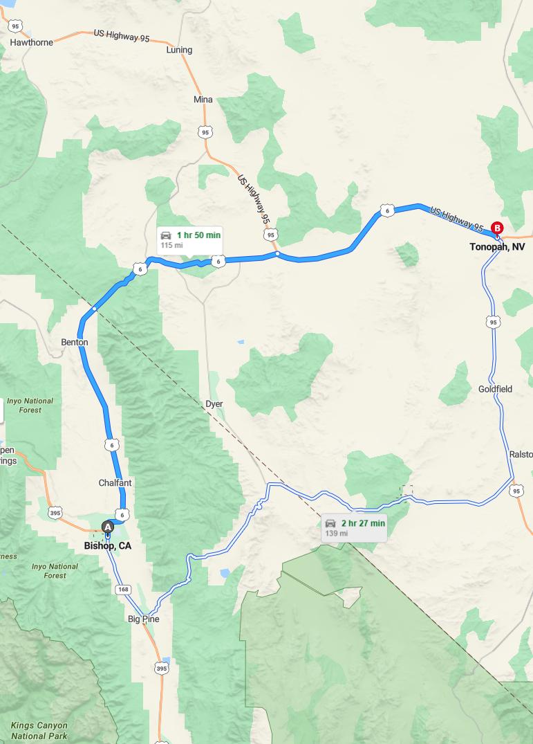 driving from Bishop, California to TonopahNevada - map and route