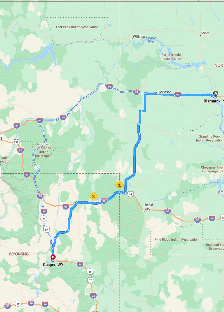 driving from Bismarck, North Dakota to CasperWyoming - map and route