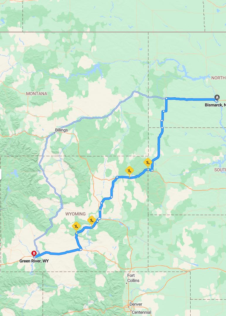 driving from Bismarck, North Dakota to Green RiverWyoming - map and route