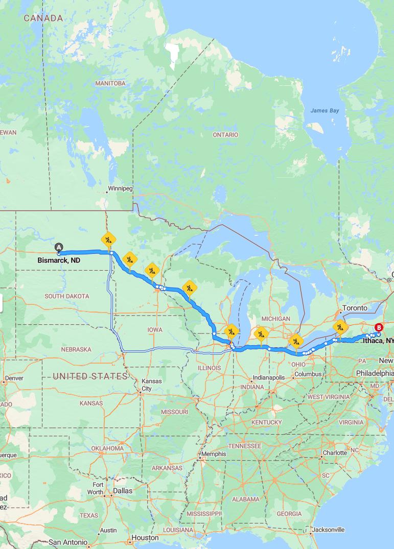 driving from Bismarck, North Dakota to IthacaNew York - map and route