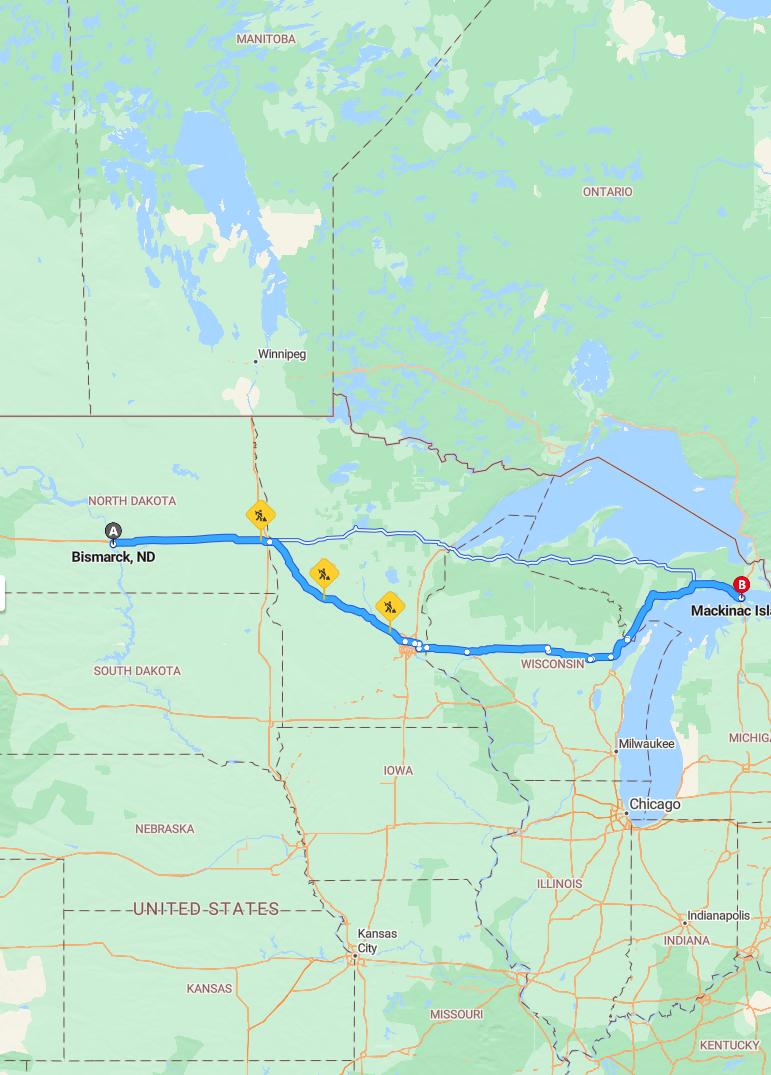 driving from Bismarck, North Dakota to Mackinac IslandMichigan - map and route
