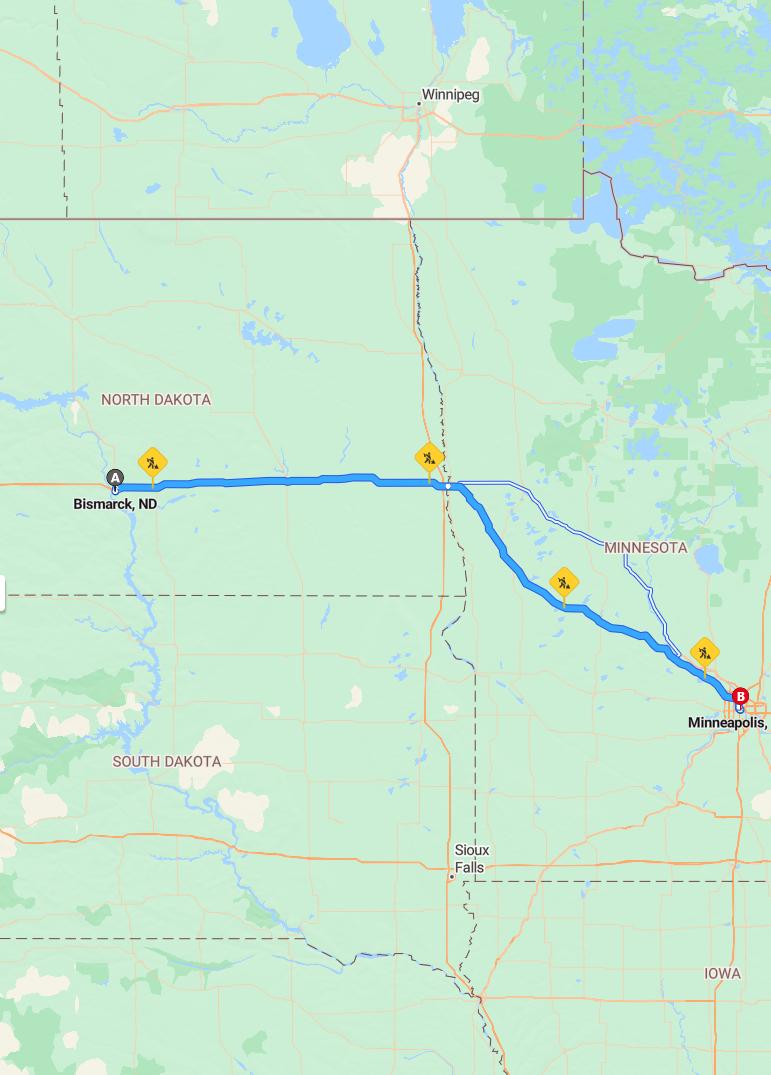 driving from Bismarck, North Dakota to MinneapolisMinnesota - map and route