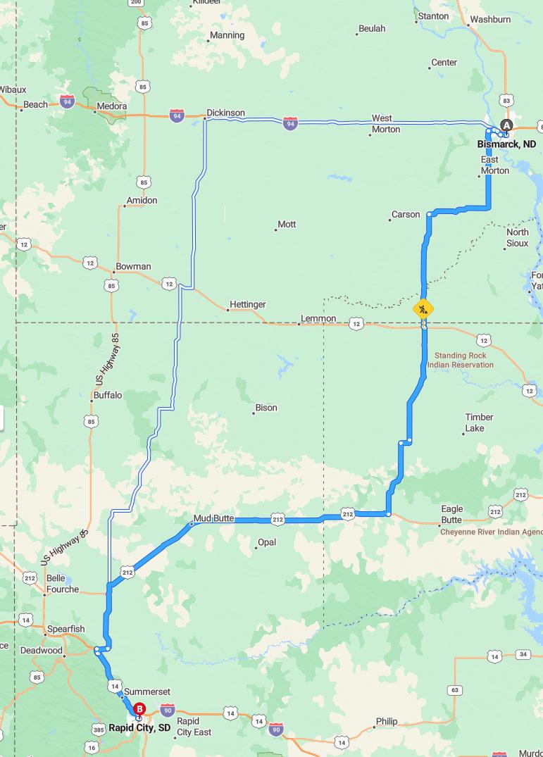 driving from Bismarck, North Dakota to Rapid CitySouth Dakota - map and route