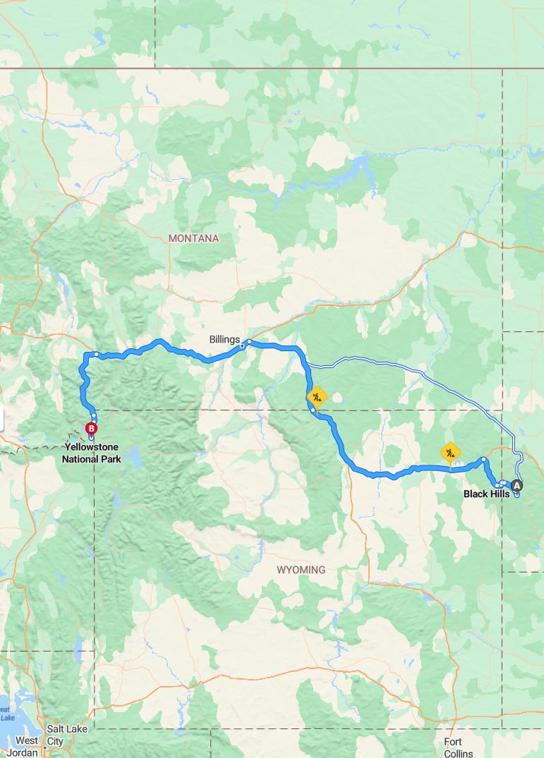 driving from Black Hills, South Dakota to Yellowstone National ParkWyoming - map and route