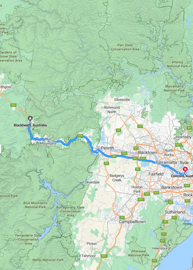driving from Blackheath, New South Wales to ConcordNew South Wales - map and route