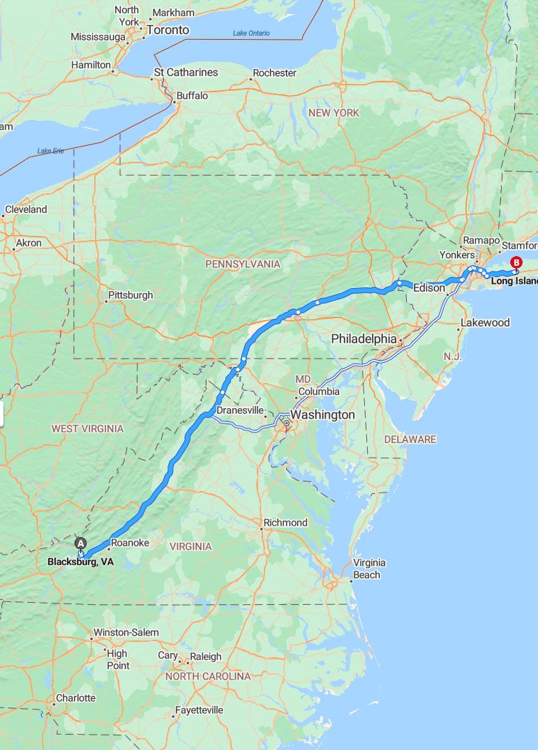 driving from Blacksburg, Virginia to Long IslandNew York - map and route