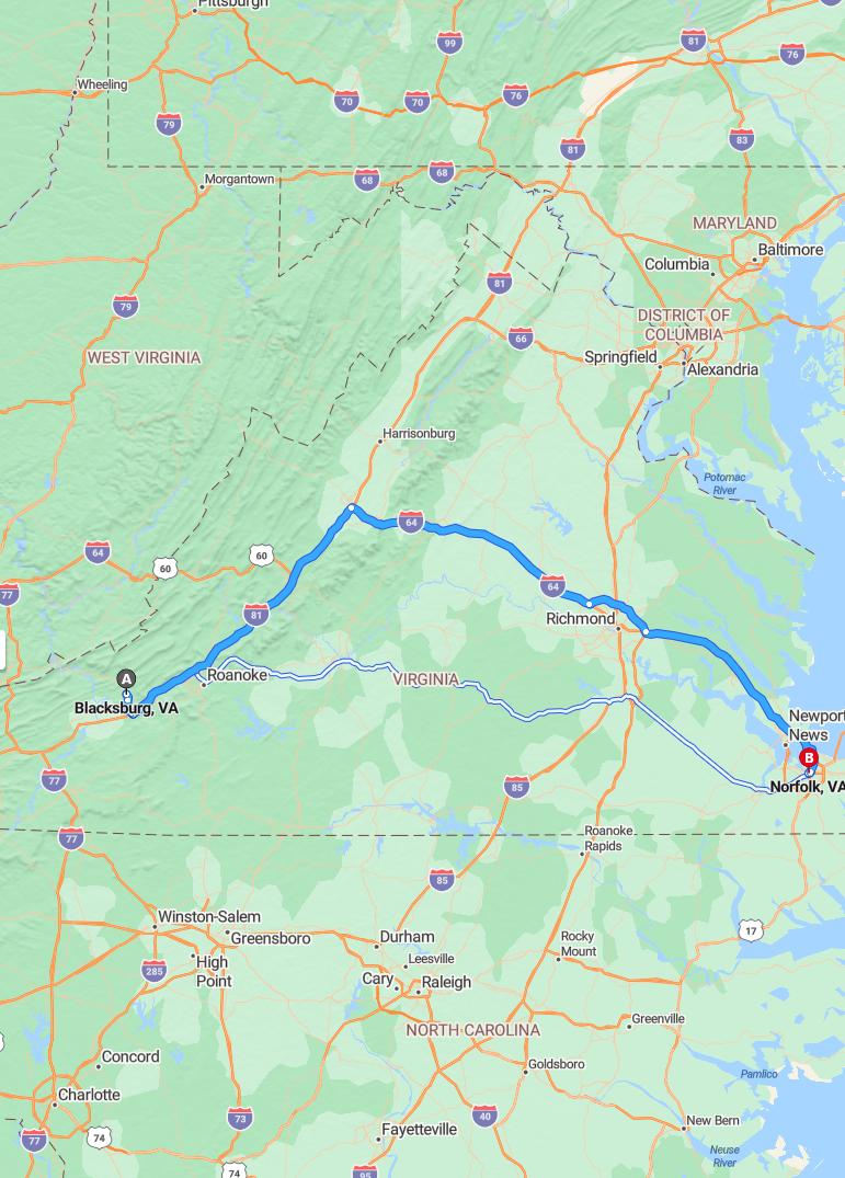driving from Blacksburg, Virginia to NorfolkVirginia - map and route