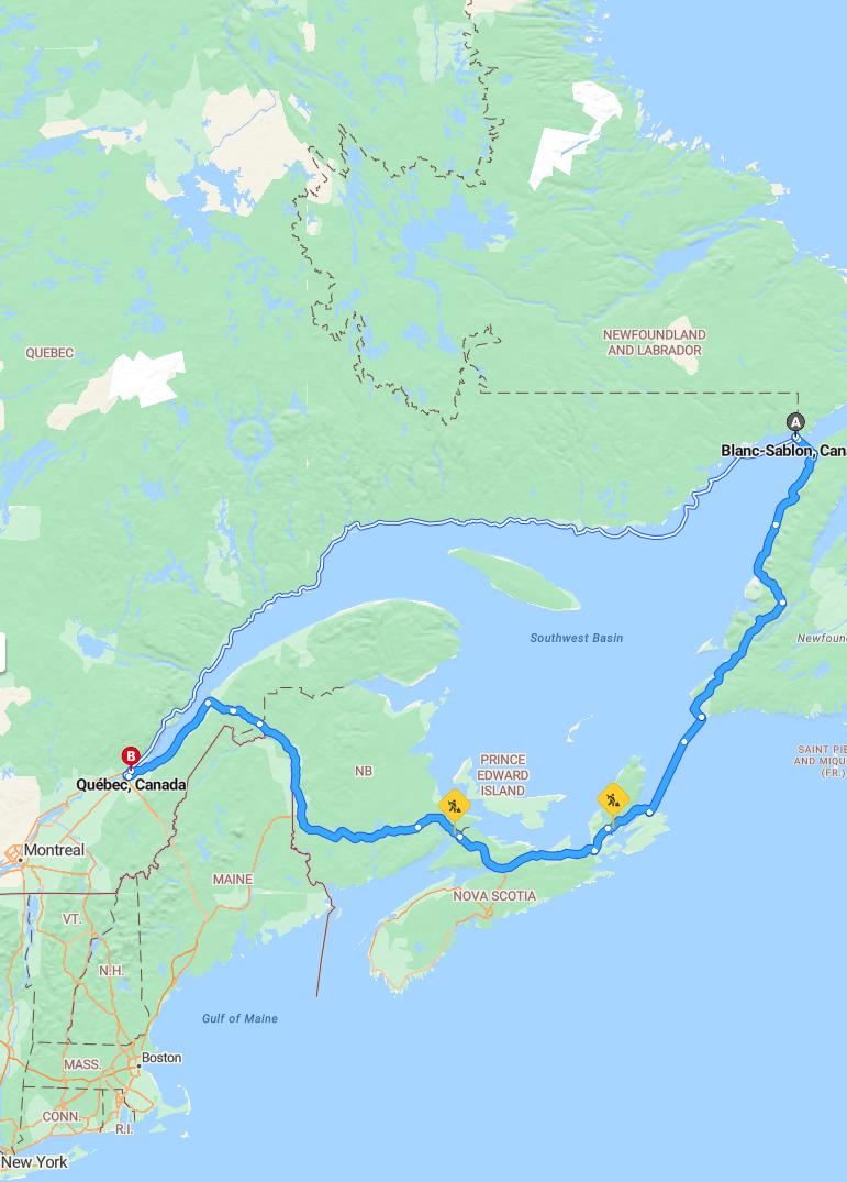 driving from Blanc Sablon, Quebec to Quebec CityQuebec - map and route