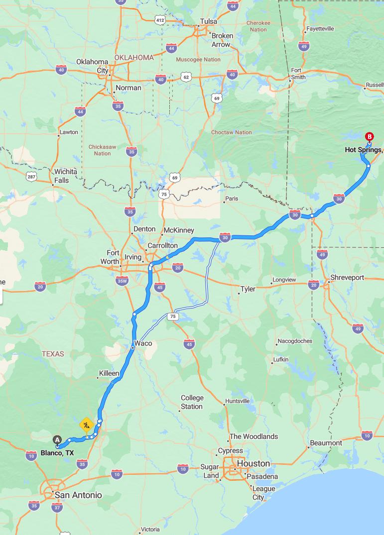 driving from Blanco, Texas to Hot SpringsArkansas - map and route