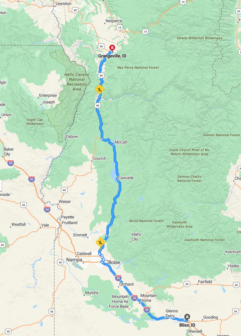 driving from Bliss, Idaho to GrangevilleIdaho - map and route