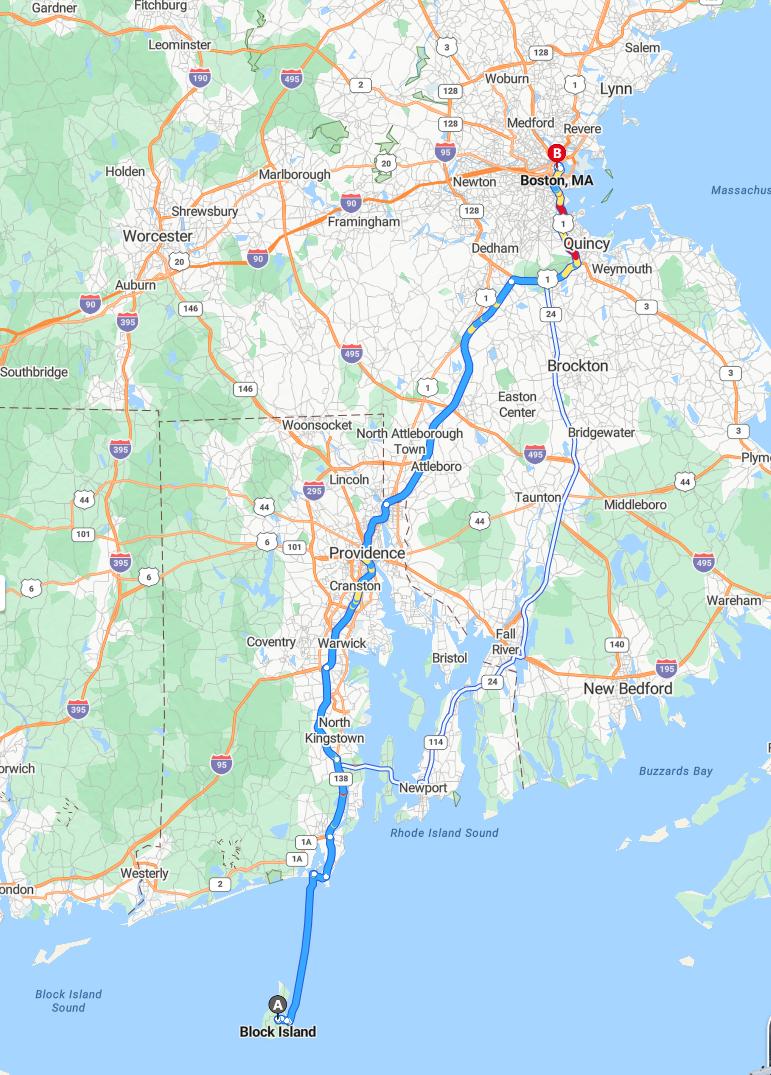 driving from Block Island, Rhode Island to BostonMassachusetts - map and route