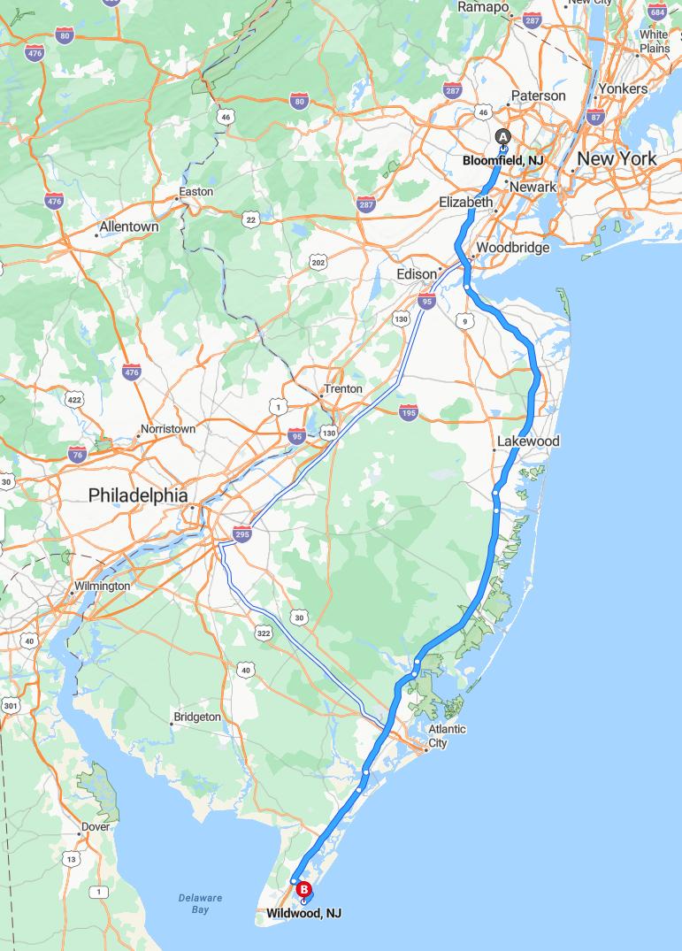 driving from Bloomfield, New Jersey to WildwoodNew Jersey - map and route