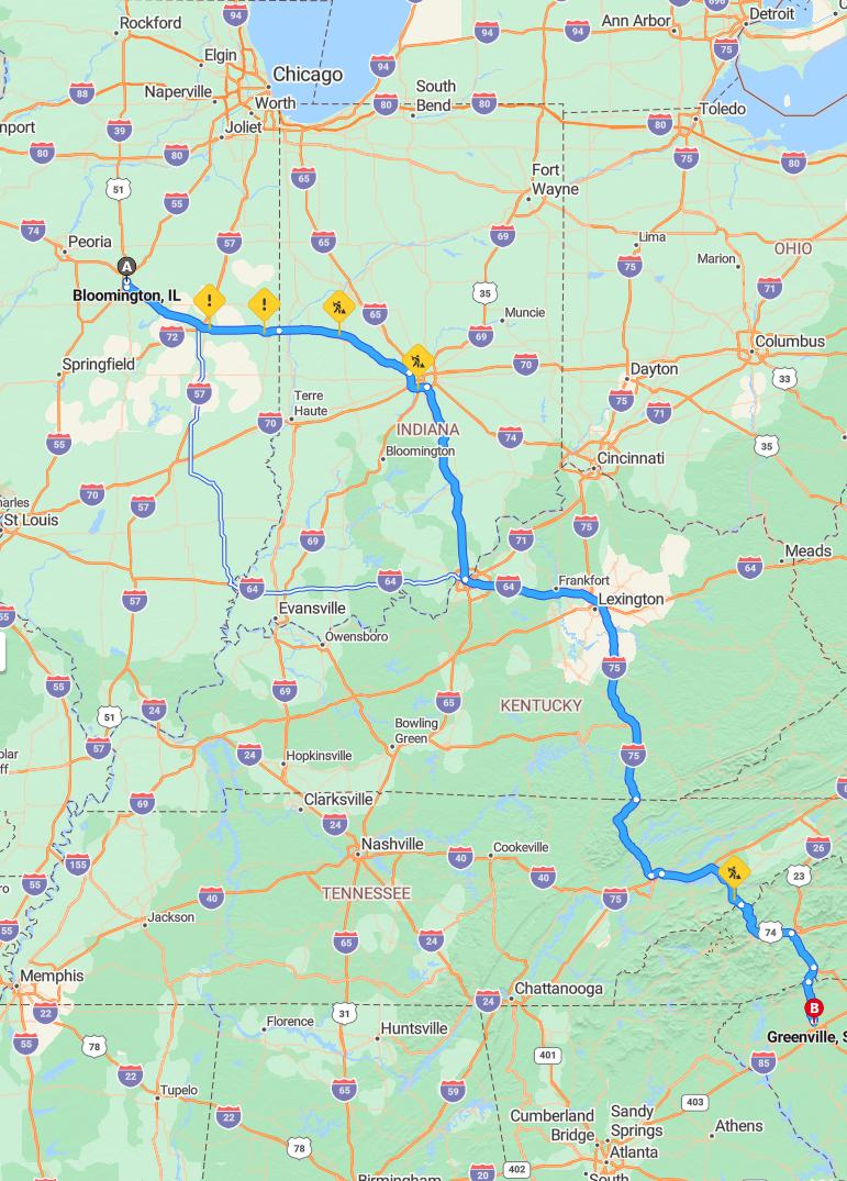 driving from Bloomington, Illinois to GreenvilleSouth Carolina - map and route