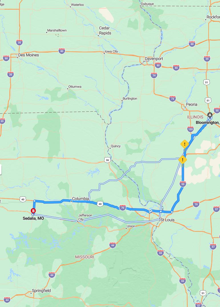 driving from Bloomington, Illinois to SedaliaMissouri - map and route
