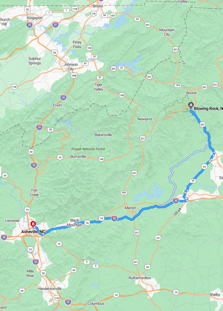 driving from Blowing Rock, North Carolina to AshevilleNorth Carolina - map and route