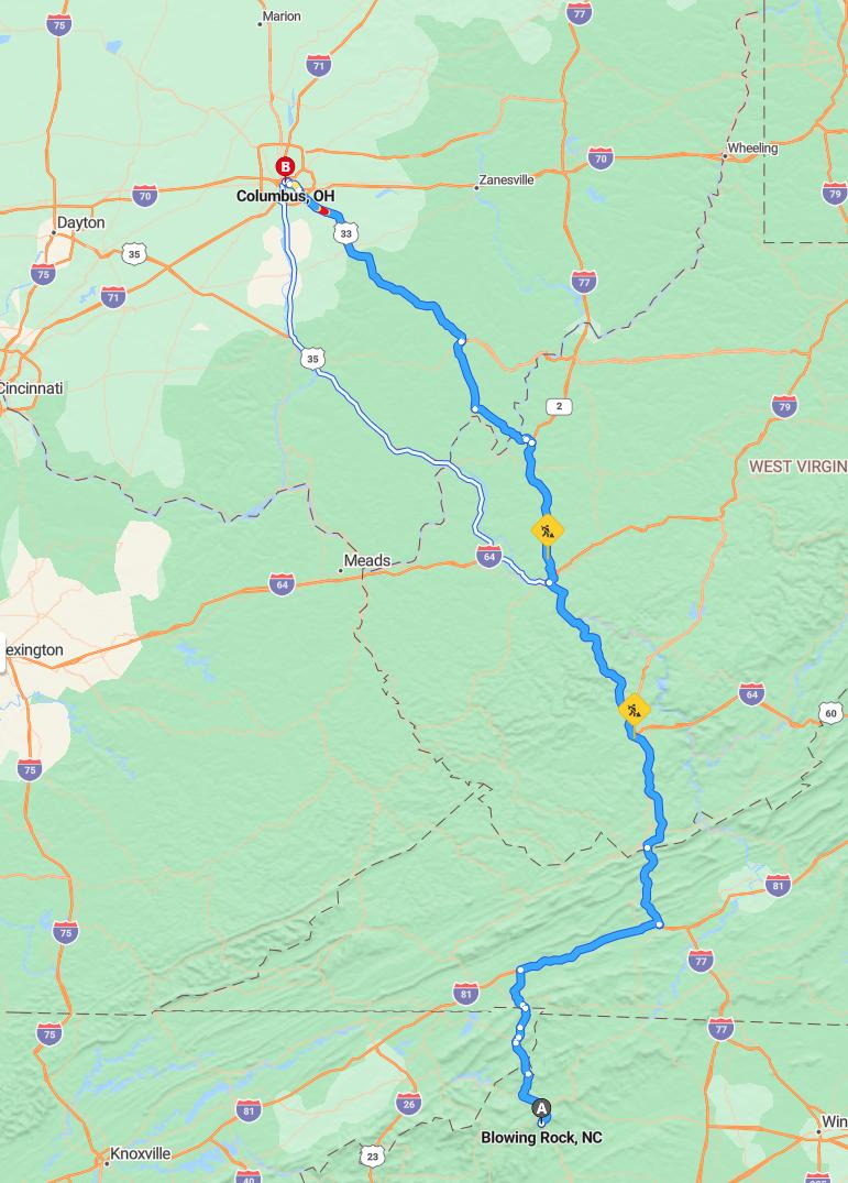 driving from Blowing Rock, North Carolina to ColumbusOhio - map and route