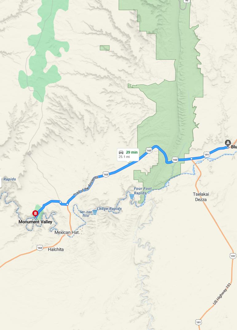 driving from Bluff, Utah to Monument ValleyUtah - map and route