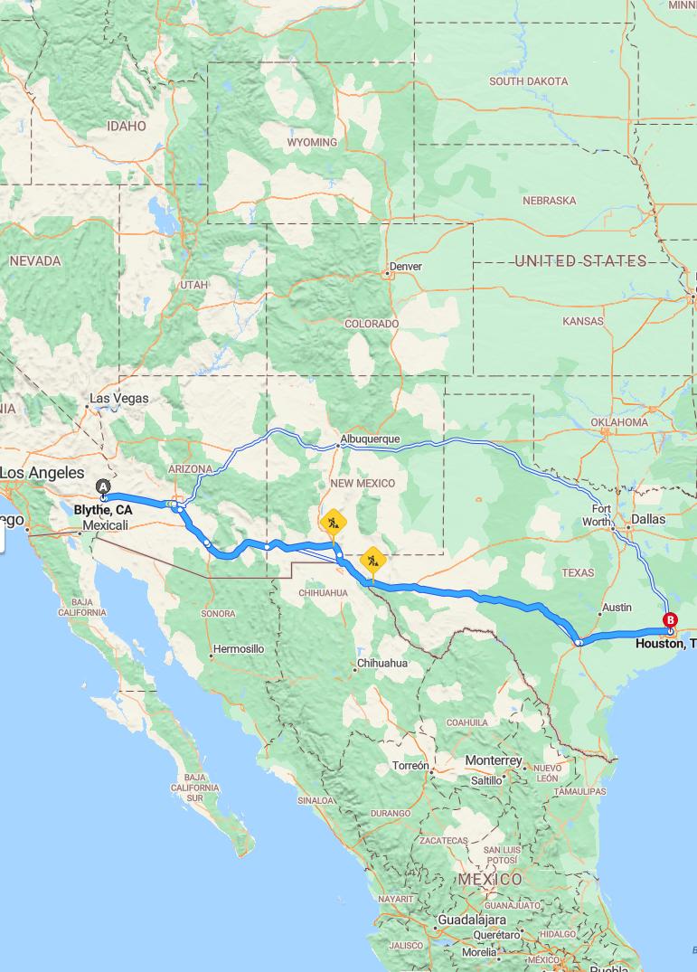 driving from Blythe, California to HoustonTexas - map and route