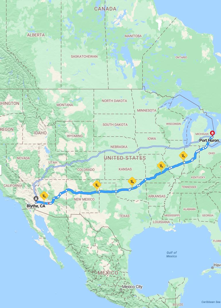 driving from Blythe, California to Port HuronMichigan - map and route