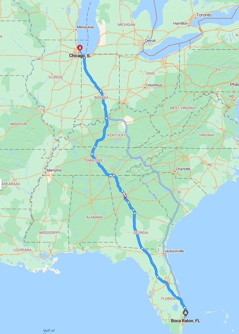 driving from Boca Raton, Florida to ChicagoIllinois - map and route