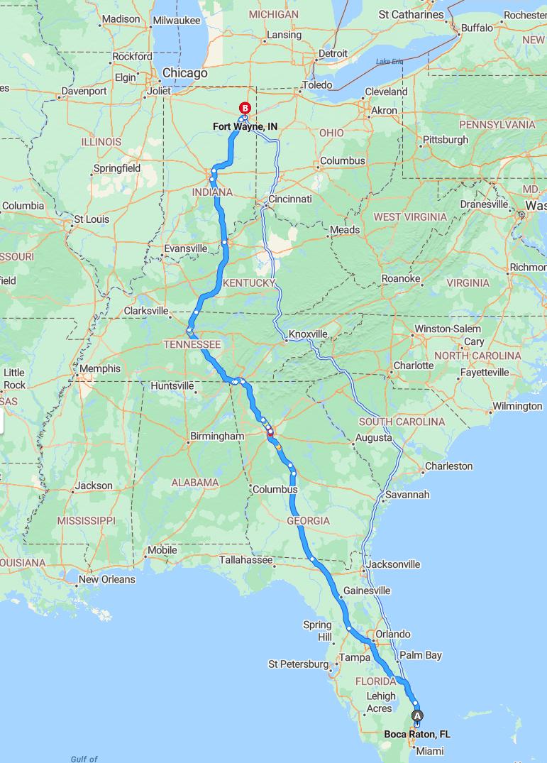 driving from Boca Raton, Florida to Fort WayneIndiana - map and route