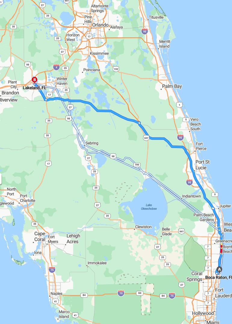 driving from Boca Raton, Florida to LakelandFlorida - map and route