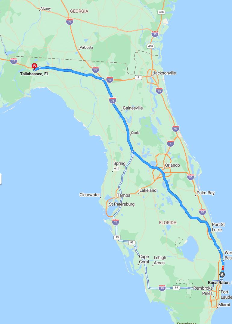 driving from Boca Raton, Florida to TallahasseeFlorida - map and route