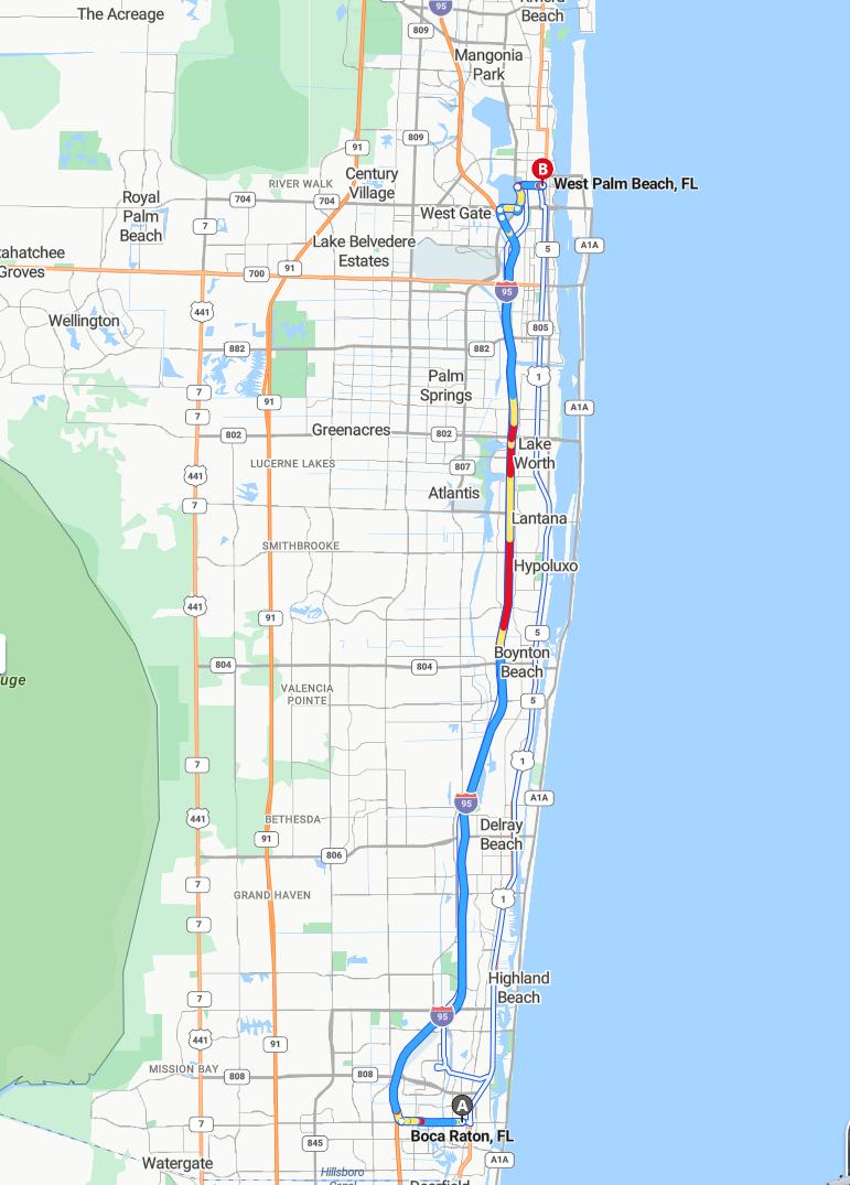 driving from Boca Raton, Florida to West Palm BeachFlorida - map and route