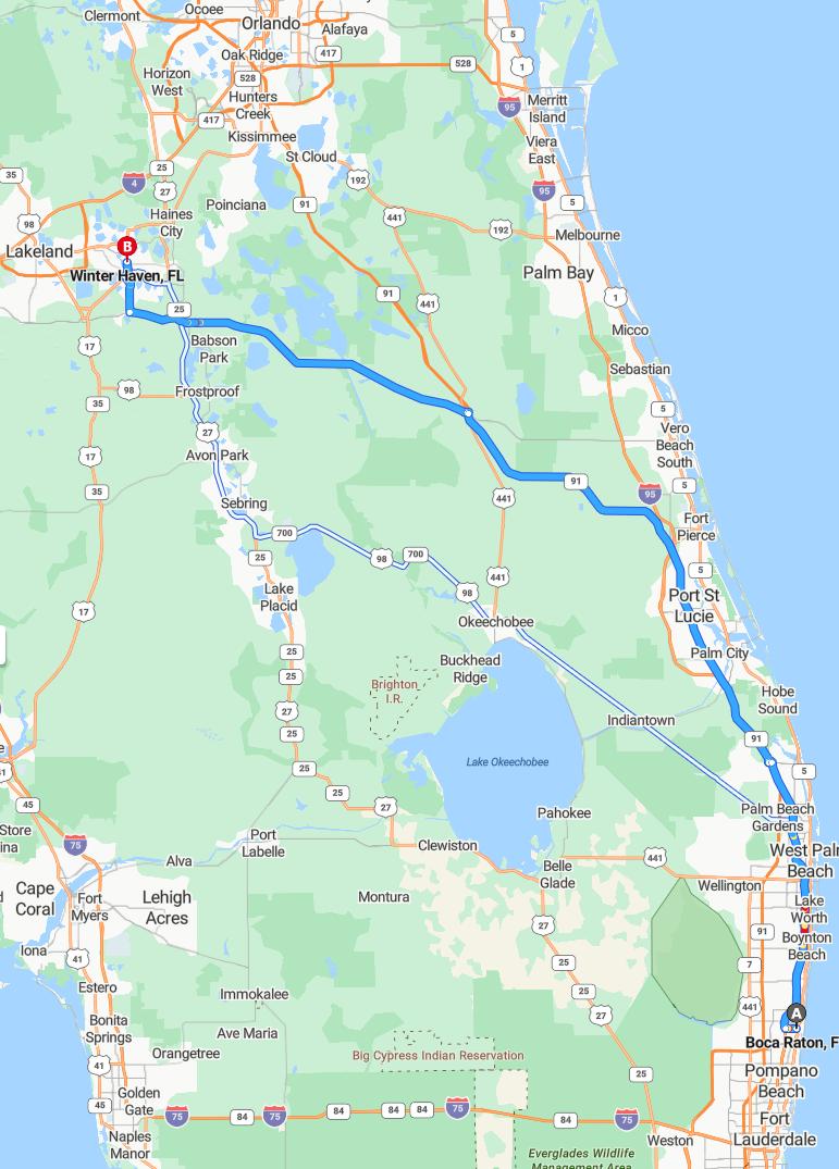 driving from Boca Raton, Florida to Winter HavenFlorida - map and route