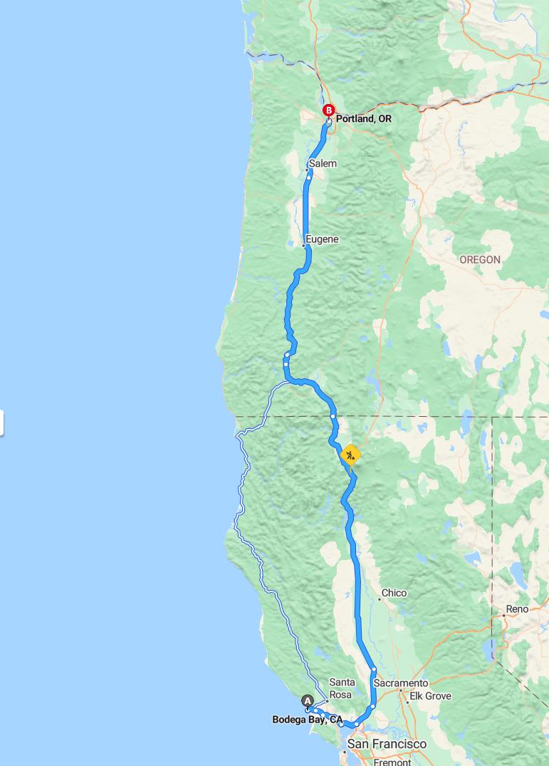 driving from Bodega Bay, California to PortlandOregon - map and route