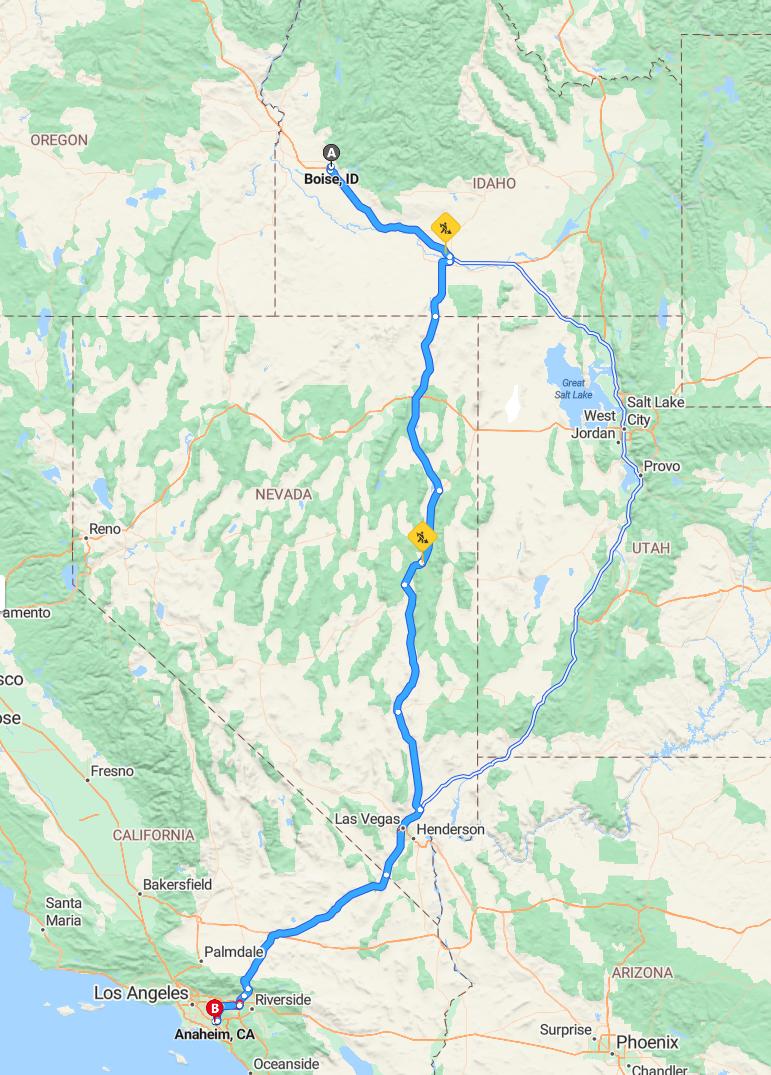 driving from Boise, Idaho to AnaheimCalifornia - map and route