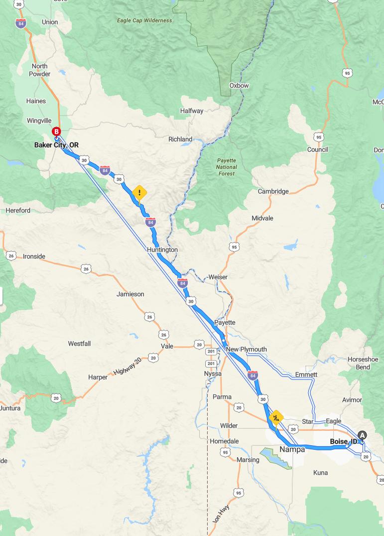 driving from Boise, Idaho to Baker CityOregon - map and route