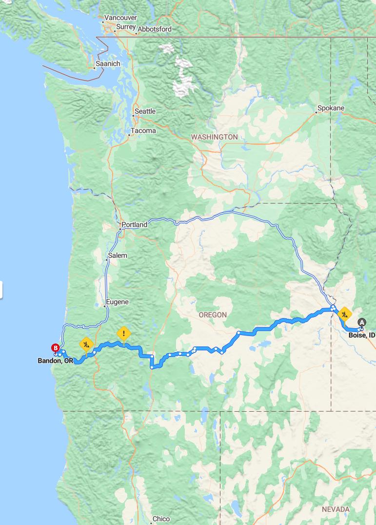 driving from Boise, Idaho to BandonOregon - map and route