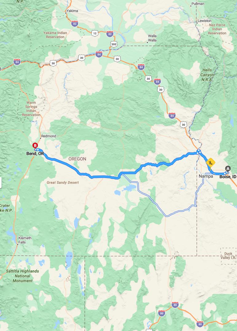 driving from Boise, Idaho to BendOregon - map and route