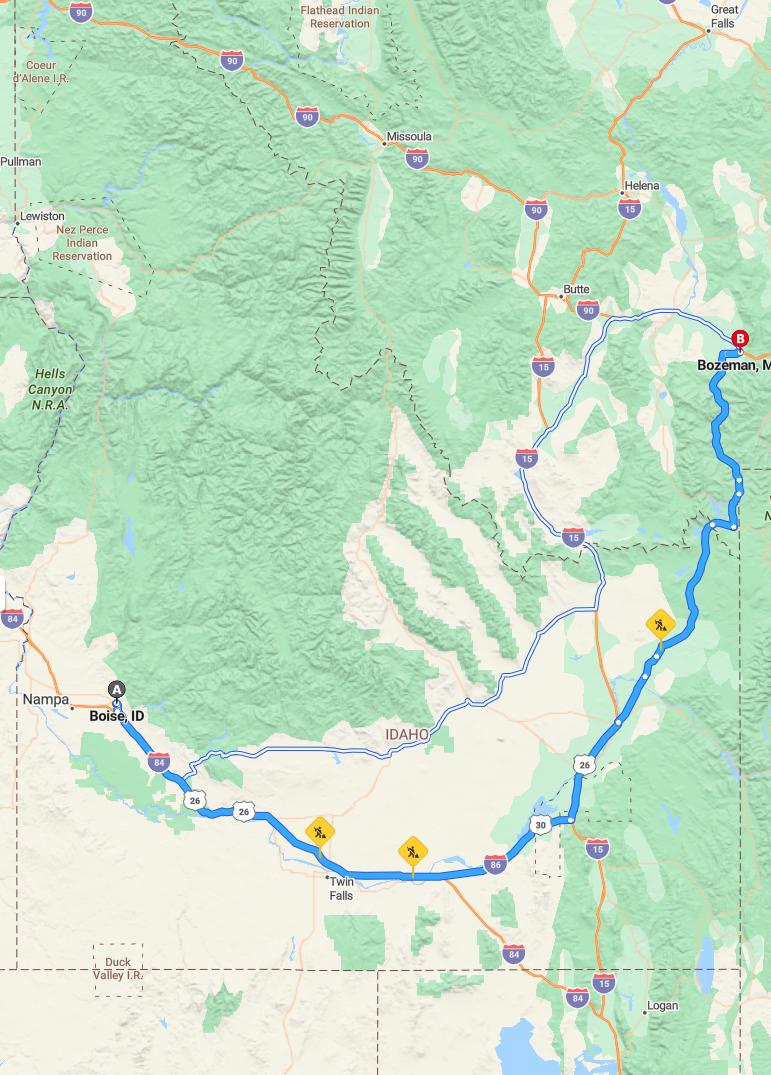 driving from Boise, Idaho to BozemanMontana - map and route