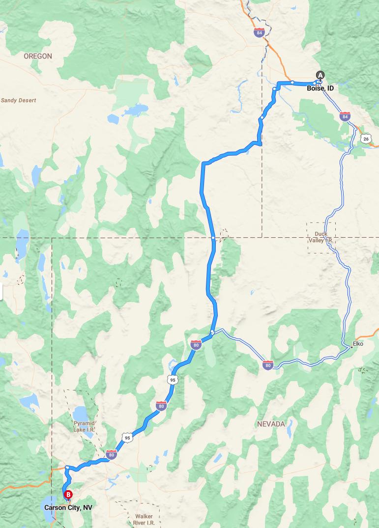 driving from Boise, Idaho to Carson CityNevada - map and route