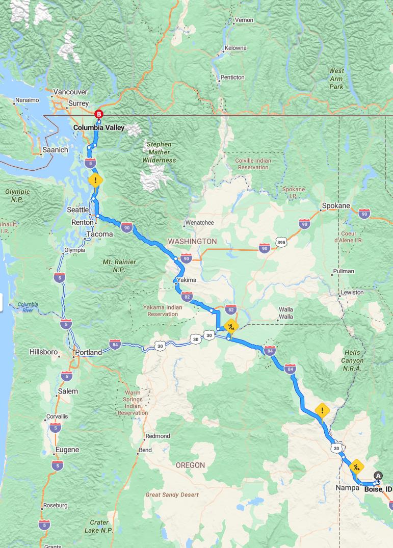 driving from Boise, Idaho to Columbia ValleyWashington - map and route