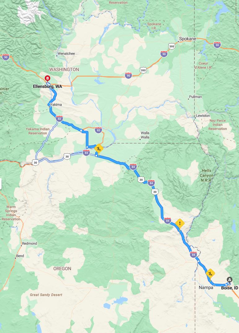 driving from Boise, Idaho to EllensburgWashington - map and route